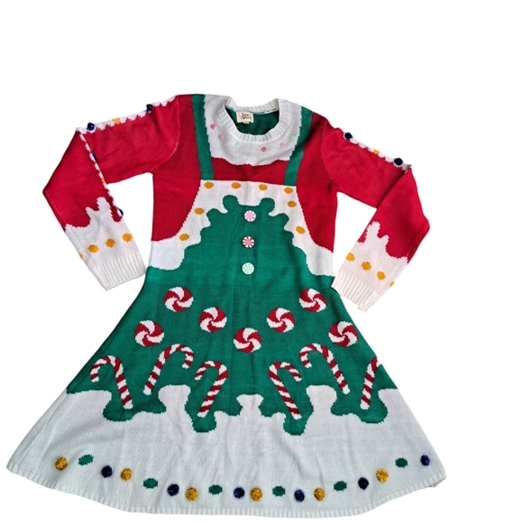 BORN FAMOUS Christmas Holiday fun long sleeve dress pom poms candy canes JNR LG - Picture 3 of 8